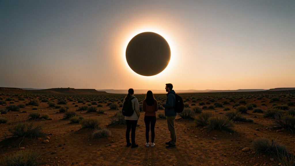 Éclipse totale de Soleil observée par trois voyageurs en silhouette depuis un plateau aride du nord de l’Espagne, face à un horizon occidental dégagé dans la lumière réaliste de la fin de journée.