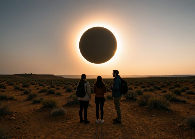 Éclipse totale de Soleil observée par trois voyageurs en silhouette depuis un plateau aride du nord de l’Espagne, face à un horizon occidental dégagé dans la lumière réaliste de la fin de journée.