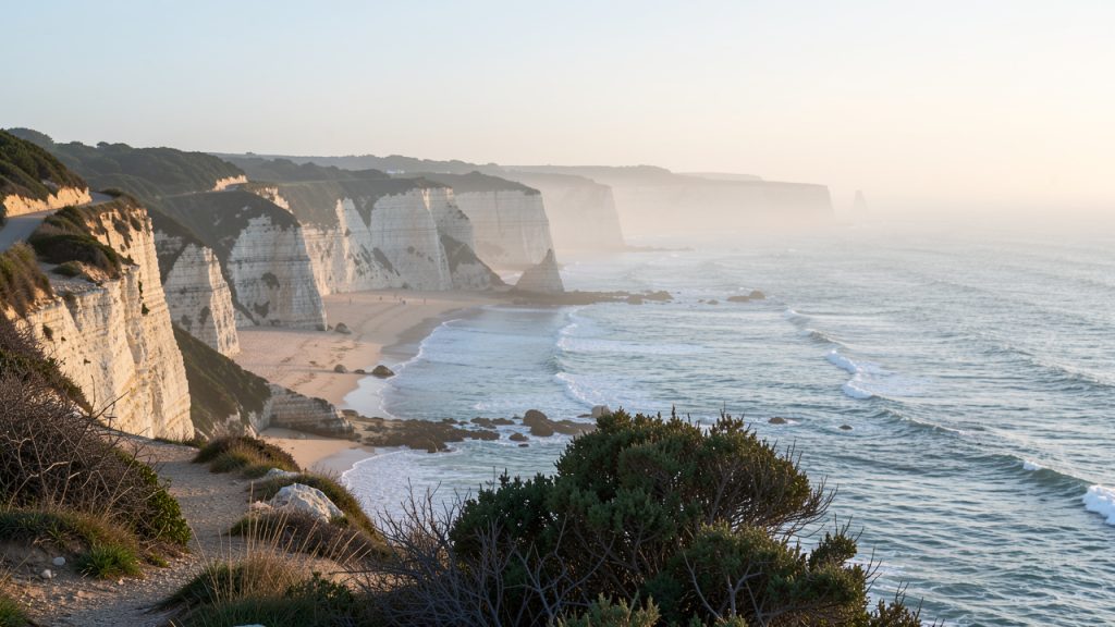 À l’aube, un rivage français calme avec des falaises de calcaire, une plage et un sentier côtier sinueux baignés de lumière douce.