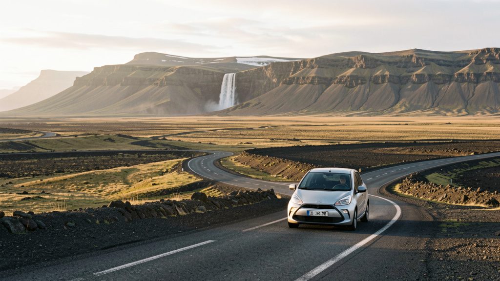 Route islandaise traversant une vaste plaine volcanique, avec une voiture de location discrète, des montagnes et une cascade au loin sous la lumière dorée du soleil d'été.