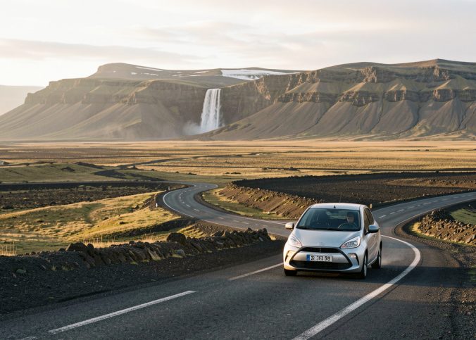 Route islandaise traversant une vaste plaine volcanique, avec une voiture de location discrète, des montagnes et une cascade au loin sous la lumière dorée du soleil d'été.
