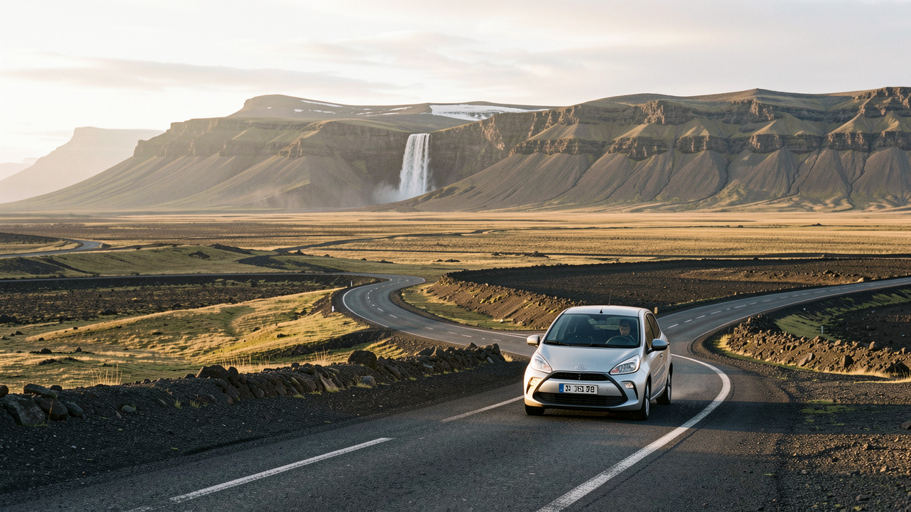 Route islandaise traversant une vaste plaine volcanique, avec une voiture de location discrète, des montagnes et une cascade au loin sous la lumière dorée du soleil d'été.