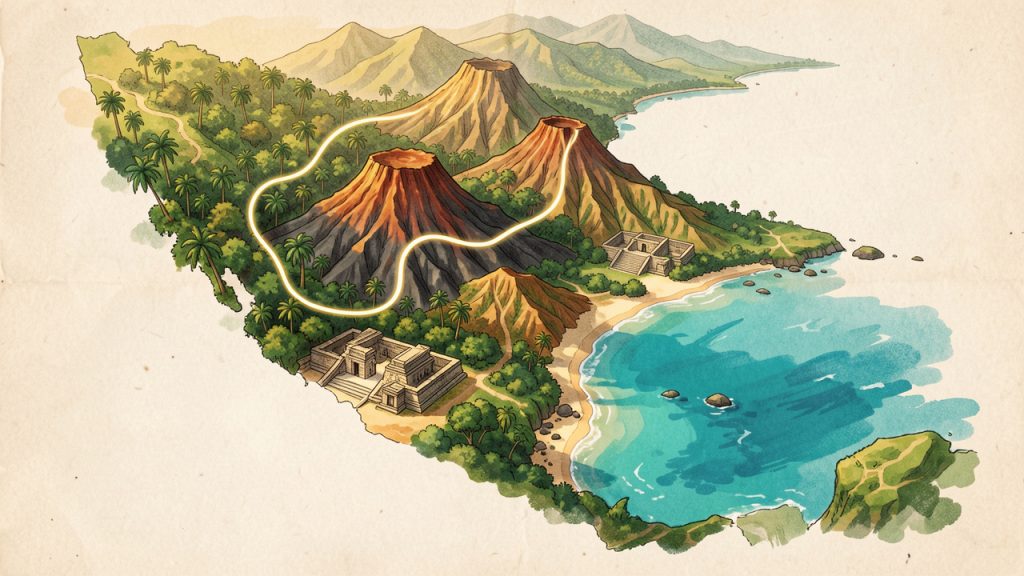 Carte illustrée de l’Amérique centrale présentant un itinéraire entre jungle tropicale, volcans, ruines mayas et plages turquoise des Caraïbes, sous la lumière dorée de la saison sèche.
