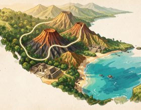 Carte illustrée de l’Amérique centrale présentant un itinéraire entre jungle tropicale, volcans, ruines mayas et plages turquoise des Caraïbes, sous la lumière dorée de la saison sèche.