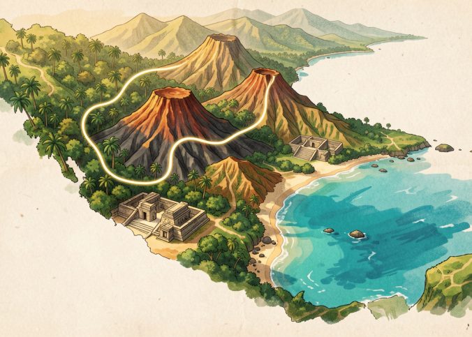 Carte illustrée de l’Amérique centrale présentant un itinéraire entre jungle tropicale, volcans, ruines mayas et plages turquoise des Caraïbes, sous la lumière dorée de la saison sèche.