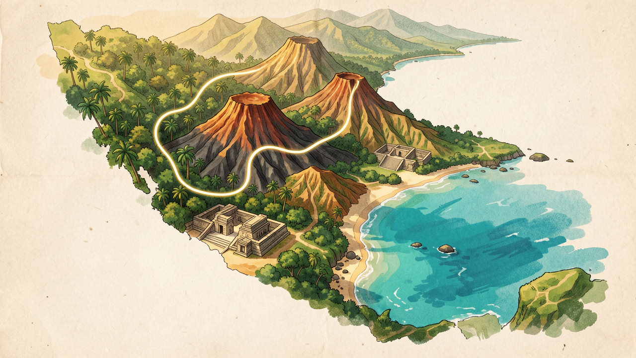 Carte illustrée de l’Amérique centrale présentant un itinéraire entre jungle tropicale, volcans, ruines mayas et plages turquoise des Caraïbes, sous la lumière dorée de la saison sèche.