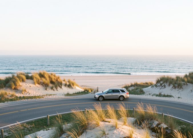 Une voiture discrète roule sur une route côtière de Cape Cod au lever du soleil, entre les dunes blondes et l’océan Atlantique.