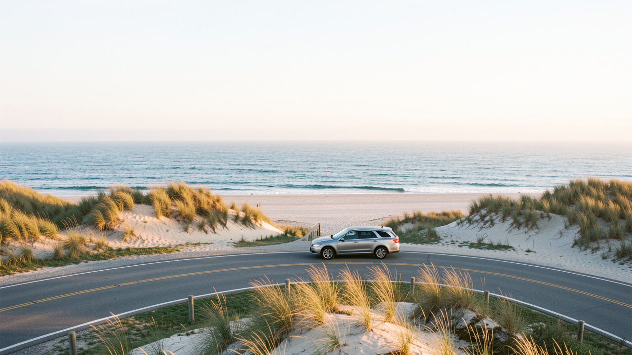 Une voiture discrète roule sur une route côtière de Cape Cod au lever du soleil, entre les dunes blondes et l’océan Atlantique.