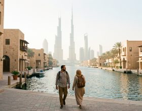 Vue matinale de la skyline moderne de Dubaï depuis la crique, avec deux voyageurs marchant dans un quartier historique baigné par une douce lumière de novembre.