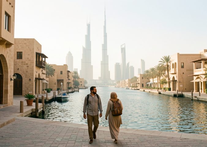 Vue matinale de la skyline moderne de Dubaï depuis la crique, avec deux voyageurs marchant dans un quartier historique baigné par une douce lumière de novembre.