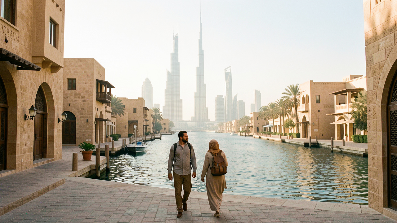 Vue matinale de la skyline moderne de Dubaï depuis la crique, avec deux voyageurs marchant dans un quartier historique baigné par une douce lumière de novembre.