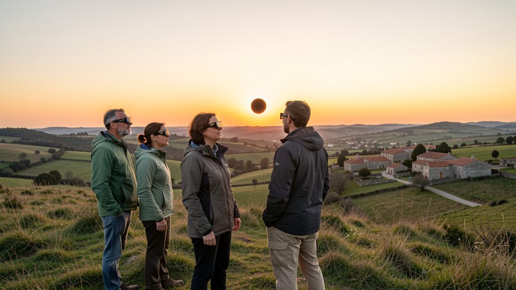 Deux femmes et deux hommes équipés de lunettes d’observation solaire certifiées contemplent une éclipse au coucher du soleil depuis une colline rurale près de Bragança, dans le nord-est du Portugal.