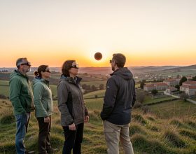 Deux femmes et deux hommes équipés de lunettes d’observation solaire certifiées contemplent une éclipse au coucher du soleil depuis une colline rurale près de Bragança, dans le nord-est du Portugal.