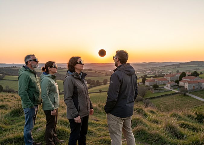 Deux femmes et deux hommes équipés de lunettes d’observation solaire certifiées contemplent une éclipse au coucher du soleil depuis une colline rurale près de Bragança, dans le nord-est du Portugal.