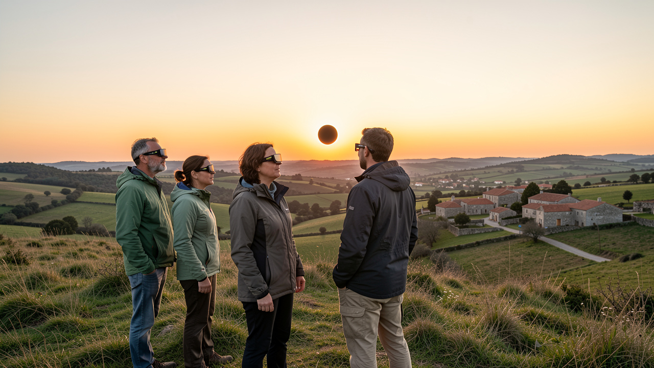 Deux femmes et deux hommes équipés de lunettes d’observation solaire certifiées contemplent une éclipse au coucher du soleil depuis une colline rurale près de Bragança, dans le nord-est du Portugal.