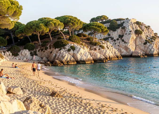 Crique corse lumineuse en septembre, avec une eau turquoise, des pins méditerranéens et quelques voyageurs sur une plage calme.