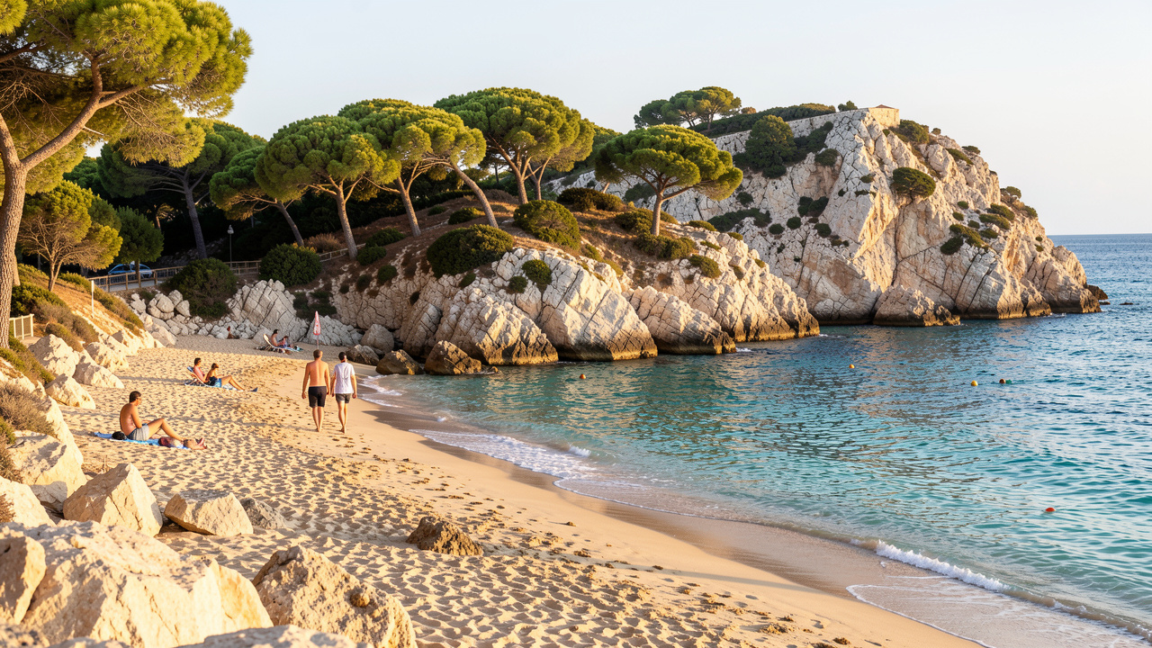 Crique corse lumineuse en septembre, avec une eau turquoise, des pins méditerranéens et quelques voyageurs sur une plage calme.
