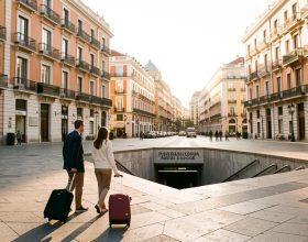 Vue lumineuse de la Puerta del Sol à Madrid au petit matin, avec des passants munis de valises, des façades historiques et une entrée de métro visible.