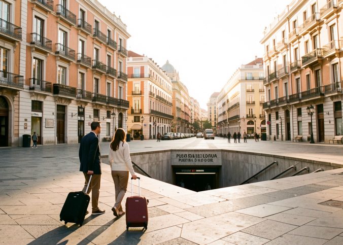 Vue lumineuse de la Puerta del Sol à Madrid au petit matin, avec des passants munis de valises, des façades historiques et une entrée de métro visible.
