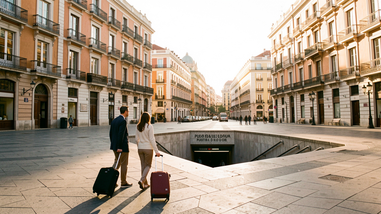 Vue lumineuse de la Puerta del Sol à Madrid au petit matin, avec des passants munis de valises, des façades historiques et une entrée de métro visible.