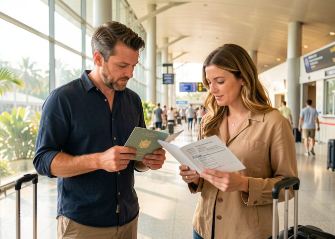 Un homme français et une femme française consultent leur passeport, leur billet retour et un itinéraire vierge dans un aéroport lumineux de Bangkok.