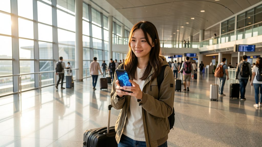 Jeune voyageuse arrivant à l’aéroport de Taoyuan avec une valise, tenant un smartphone affichant une carte abstraite de Taipei et une connexion mobile active.