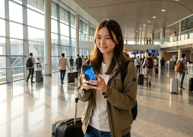 Jeune voyageuse arrivant à l’aéroport de Taoyuan avec une valise, tenant un smartphone affichant une carte abstraite de Taipei et une connexion mobile active.