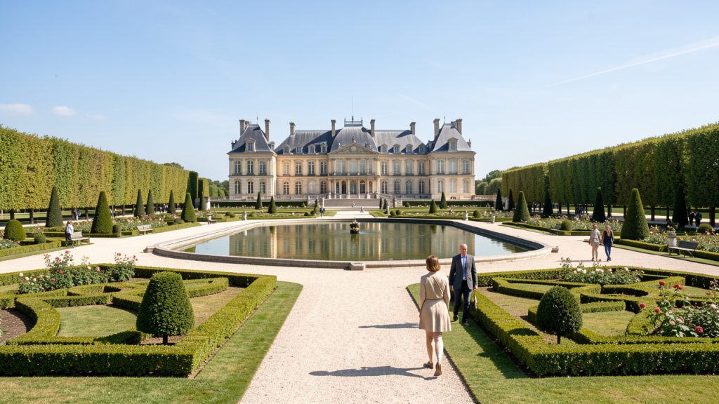 Vue panoramique réaliste du château de Chantilly depuis les jardins à la française, baigné par la lumière claire du matin, avec quelques visiteurs discrets.