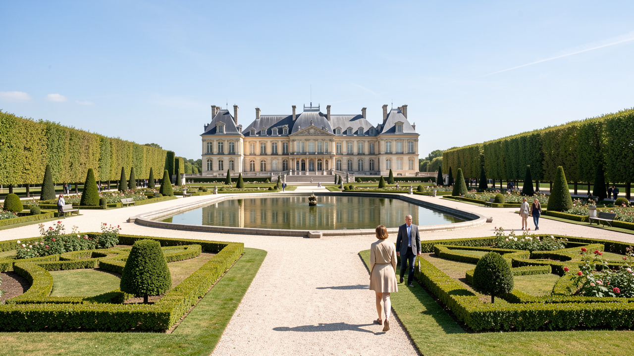 Vue panoramique réaliste du château de Chantilly depuis les jardins à la française, baigné par la lumière claire du matin, avec quelques visiteurs discrets.