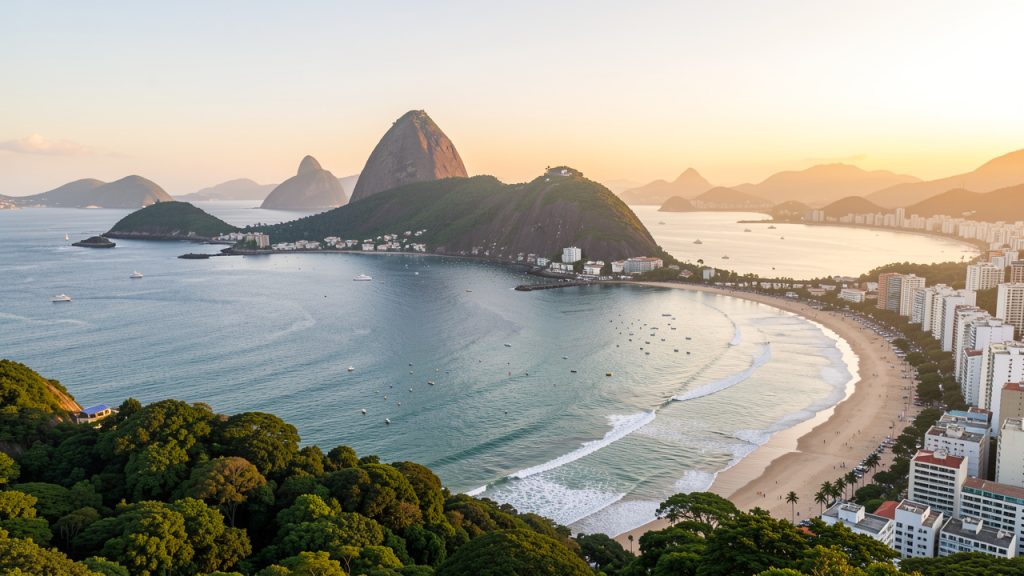 Vue panoramique réaliste de Rio de Janeiro au lever du soleil, avec la baie de Guanabara, des montagnes verdoyantes, la ville côtière et une plage urbaine.