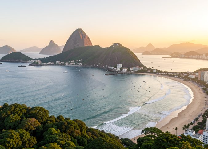 Vue panoramique réaliste de Rio de Janeiro au lever du soleil, avec la baie de Guanabara, des montagnes verdoyantes, la ville côtière et une plage urbaine.