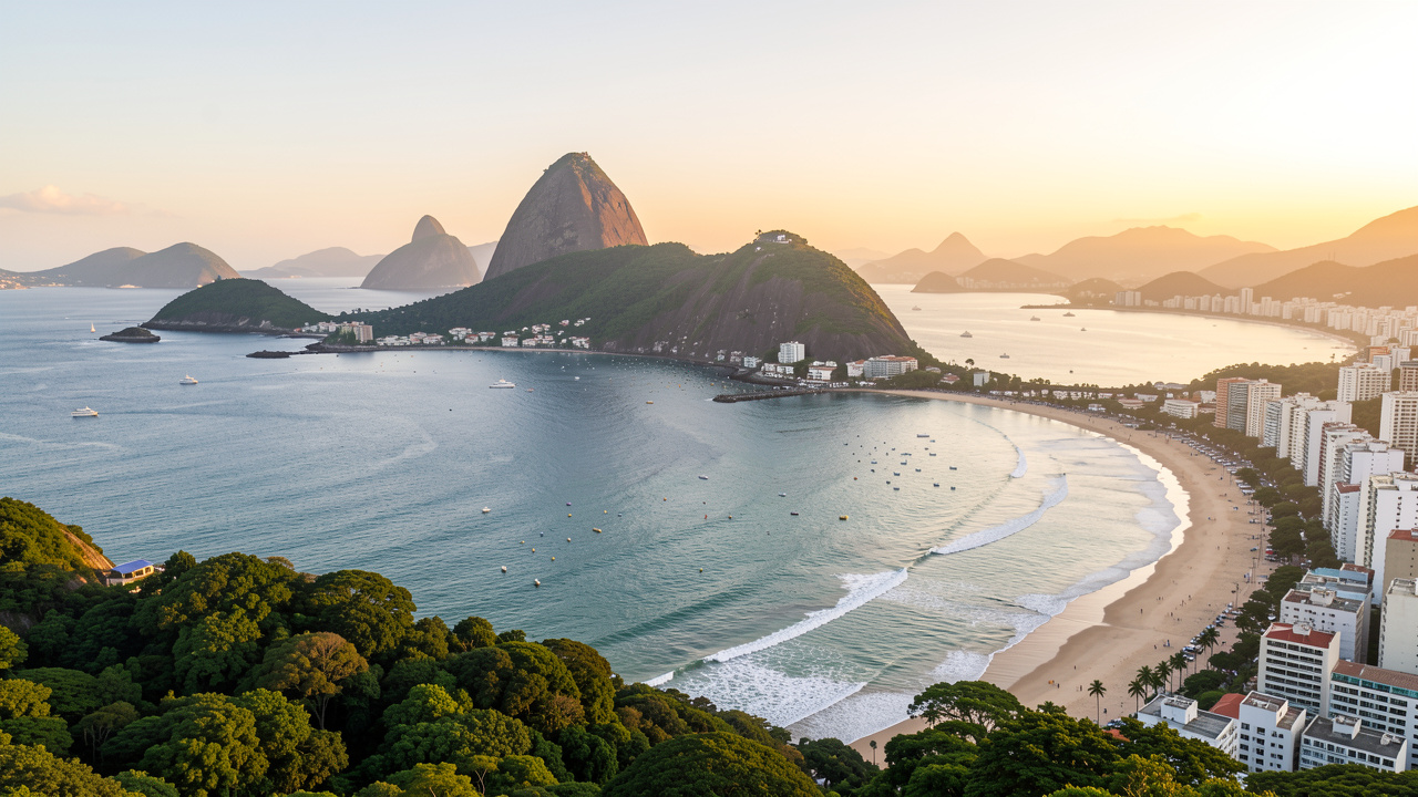 Vue panoramique réaliste de Rio de Janeiro au lever du soleil, avec la baie de Guanabara, des montagnes verdoyantes, la ville côtière et une plage urbaine.