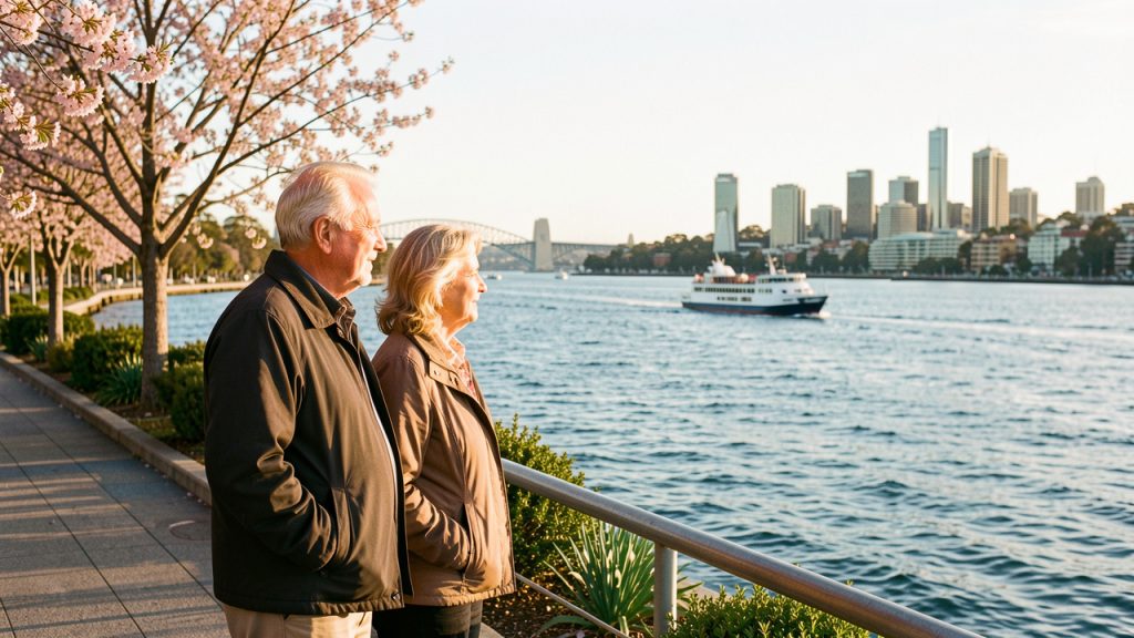 Couple de voyageurs de plus de 50 ans contemplant le port de Sydney au printemps, sous une lumière douce, avec un ferry au loin.