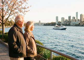 Couple de voyageurs de plus de 50 ans contemplant le port de Sydney au printemps, sous une lumière douce, avec un ferry au loin.