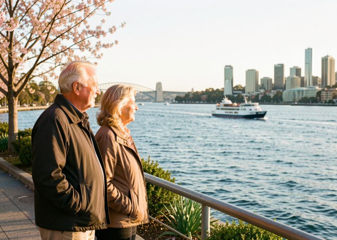 Couple de voyageurs de plus de 50 ans contemplant le port de Sydney au printemps, sous une lumière douce, avec un ferry au loin.