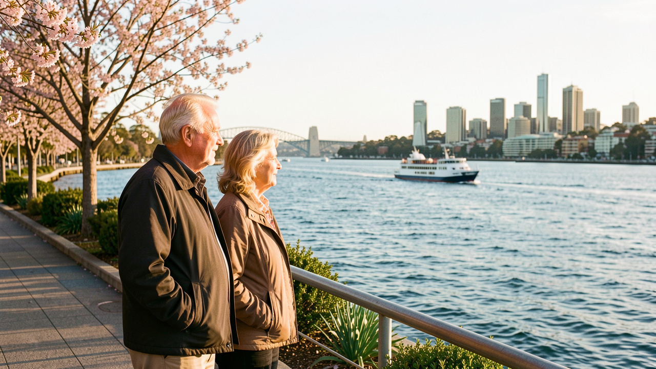 Couple de voyageurs de plus de 50 ans contemplant le port de Sydney au printemps, sous une lumière douce, avec un ferry au loin.