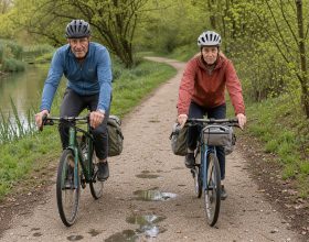 Un homme et une femme à vélo avec des sacoches roulent sur une voie verte au bord du Loing, dans une douce lumière printanière.