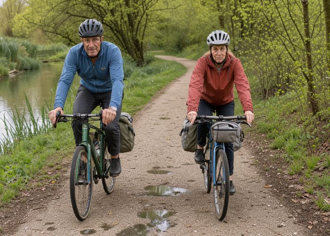 Un homme et une femme à vélo avec des sacoches roulent sur une voie verte au bord du Loing, dans une douce lumière printanière.