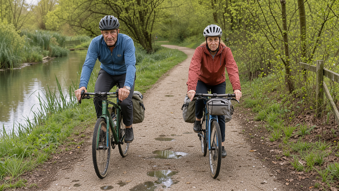 Un homme et une femme à vélo avec des sacoches roulent sur une voie verte au bord du Loing, dans une douce lumière printanière.