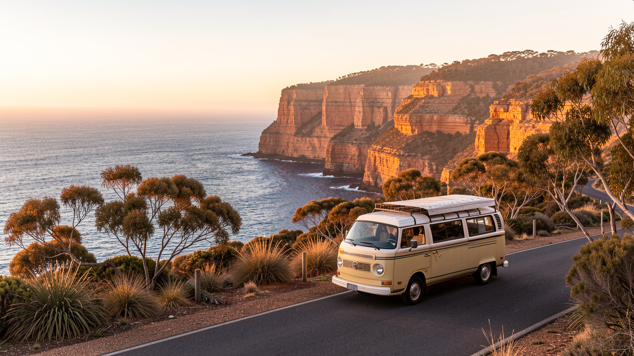 Un van de voyage stationné sur une route côtière australienne au coucher du soleil, avec des falaises, l’océan et une végétation automnale éclairés par une lumière douce.