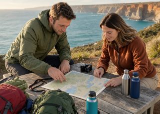 Un jeune homme et une jeune femme préparent ensemble un itinéraire côtier australien devant une carte vierge, des sacs à dos et un paysage d’océan turquoise bordé de falaises.