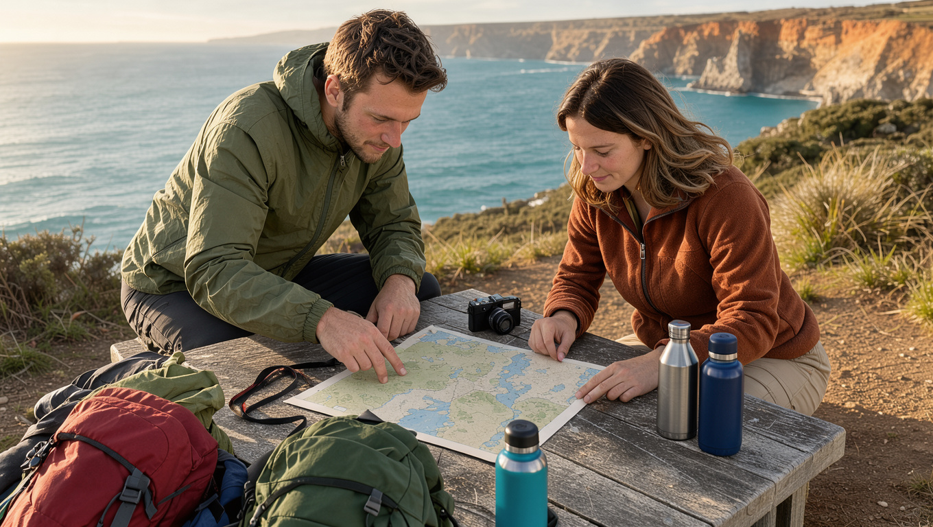 Un jeune homme et une jeune femme préparent ensemble un itinéraire côtier australien devant une carte vierge, des sacs à dos et un paysage d’océan turquoise bordé de falaises.