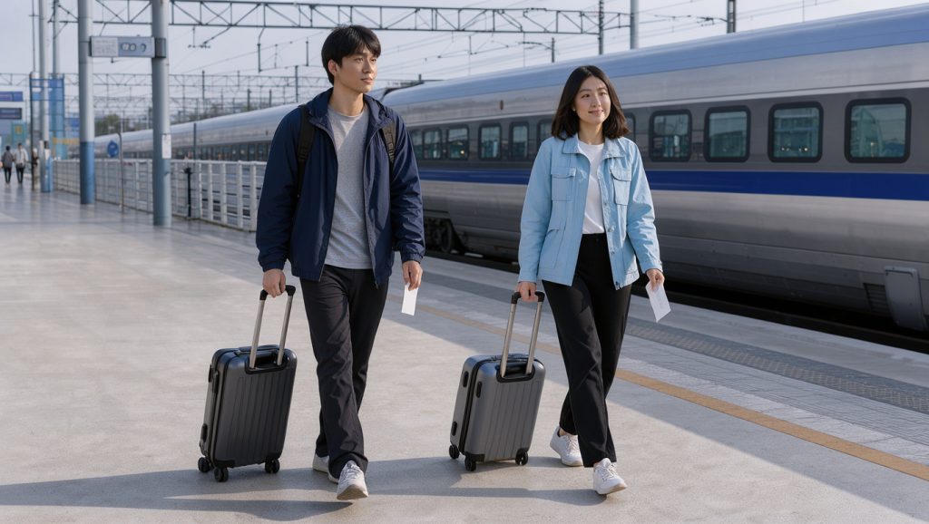 Un jeune homme et une jeune femme avancent sur un quai de gare moderne en Corée du Sud avec de petits bagages et des cartes de transport vierges, tandis qu’un train à grande vitesse est visible à l’arrière-plan.