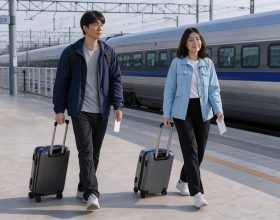Un jeune homme et une jeune femme avancent sur un quai de gare moderne en Corée du Sud avec de petits bagages et des cartes de transport vierges, tandis qu’un train à grande vitesse est visible à l’arrière-plan.