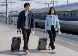 Un jeune homme et une jeune femme avancent sur un quai de gare moderne en Corée du Sud avec de petits bagages et des cartes de transport vierges, tandis qu’un train à grande vitesse est visible à l’arrière-plan.