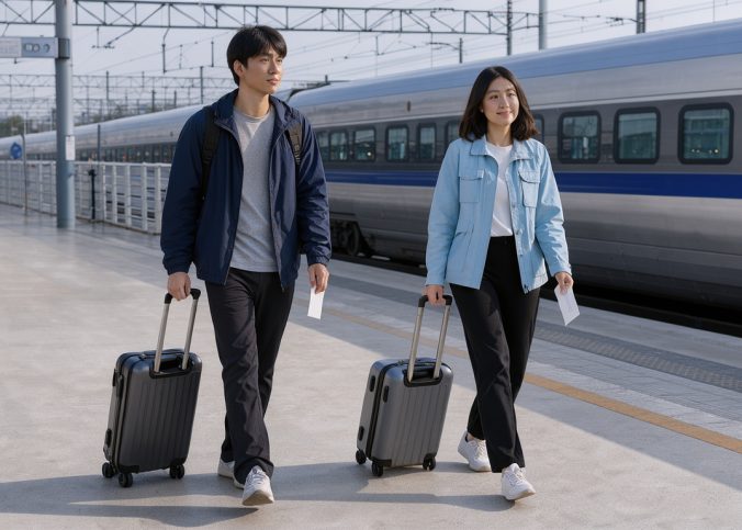 Un jeune homme et une jeune femme avancent sur un quai de gare moderne en Corée du Sud avec de petits bagages et des cartes de transport vierges, tandis qu’un train à grande vitesse est visible à l’arrière-plan.
